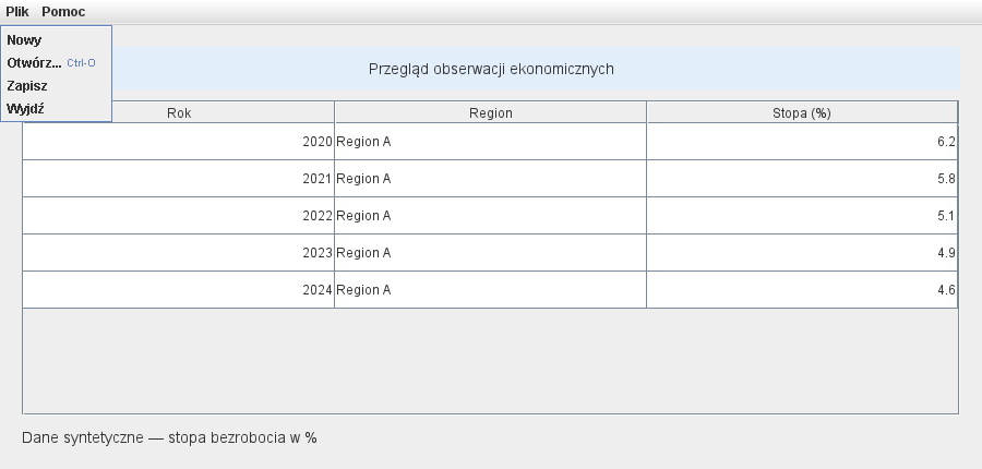 Menu i widok danych w Swing